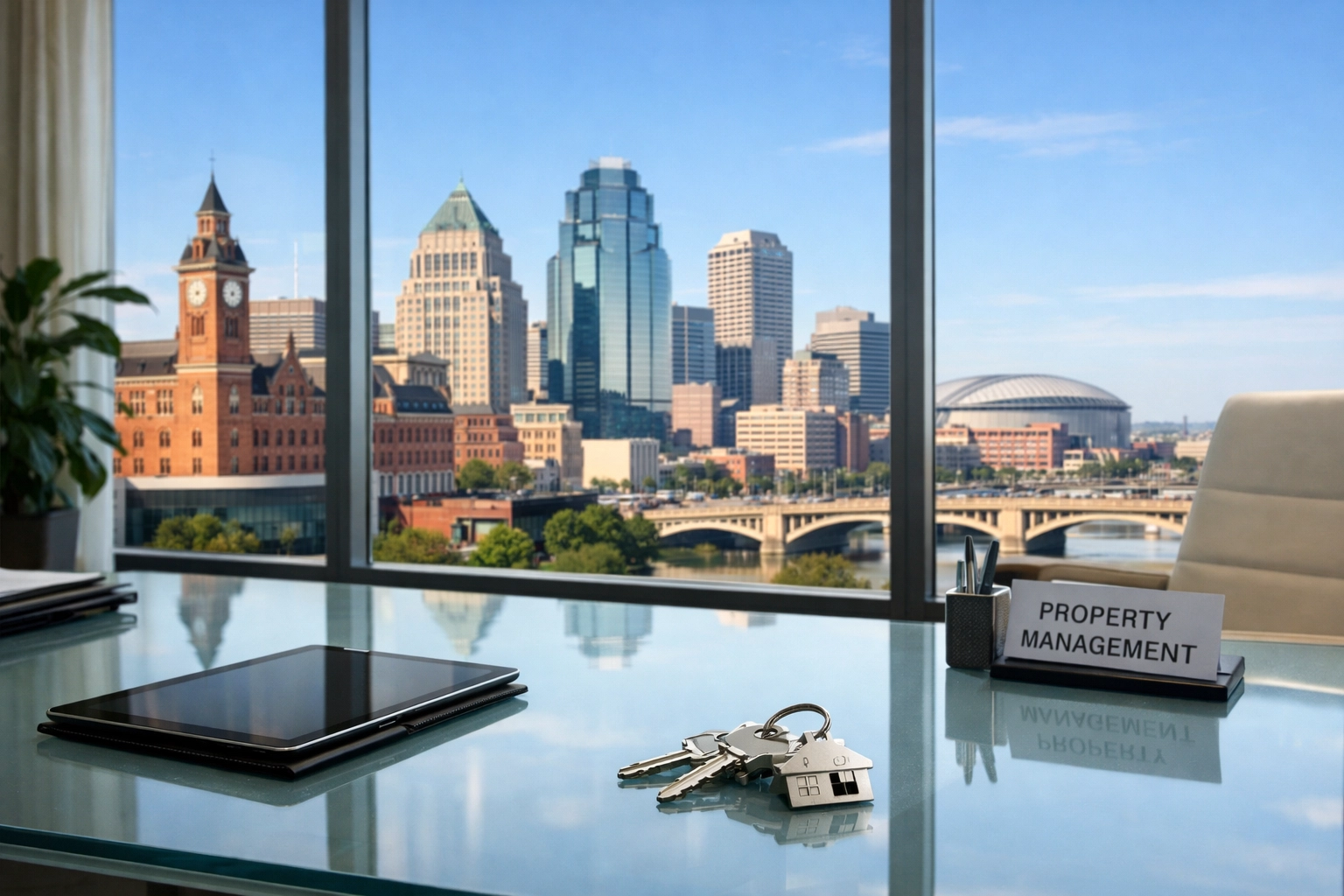 Modern property management office overlooking a Midwest skyline, representing scaled cleaning services in Chicago and Detroit.