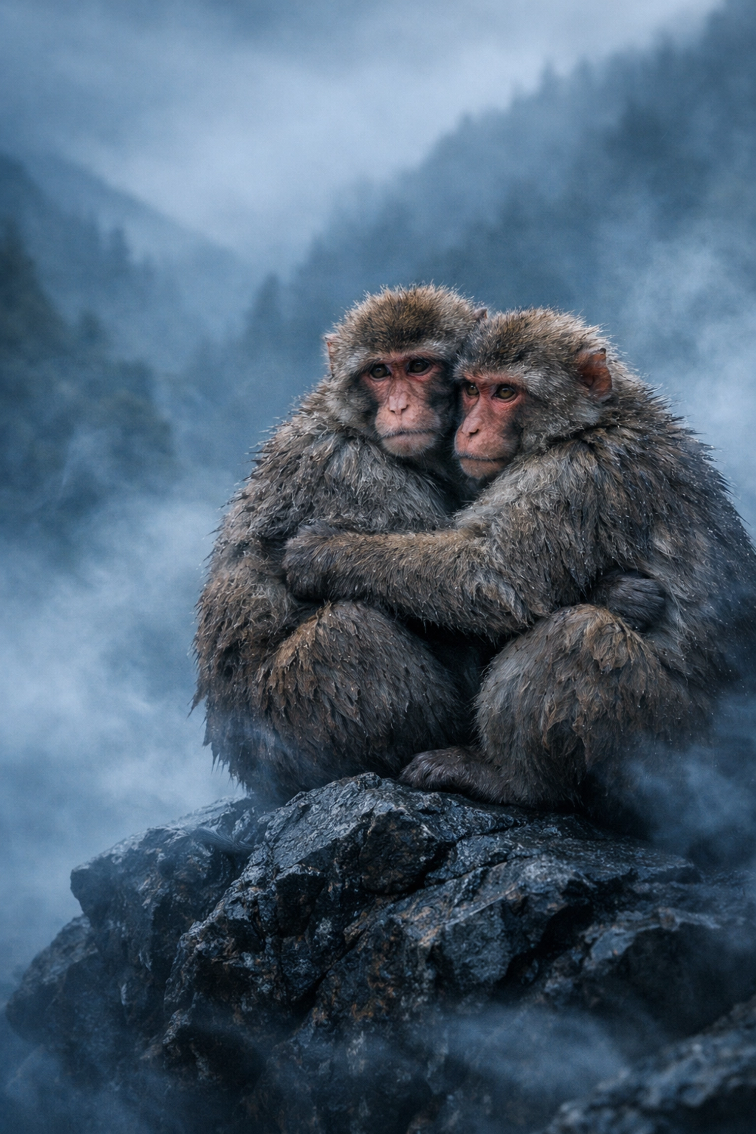 Two male macaques huddling for warmth in the mist, showing forced proximity and protective loyalty in the wild.