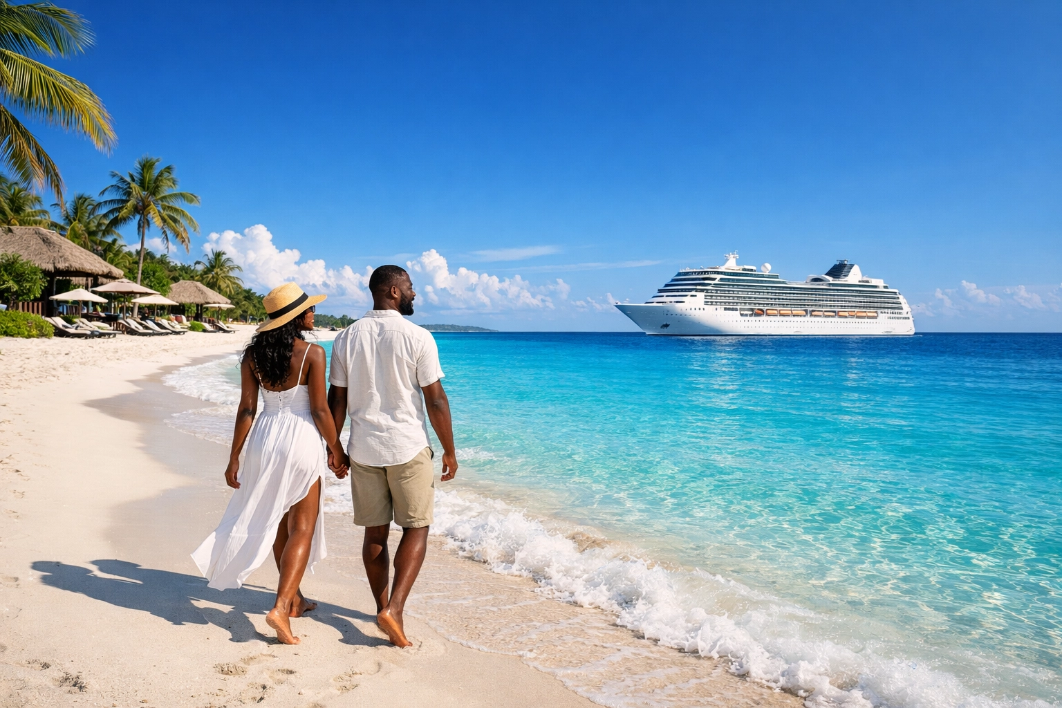 Couple walking on a tropical beach near a cruise ship with expert Lifestyle Resorts booking.