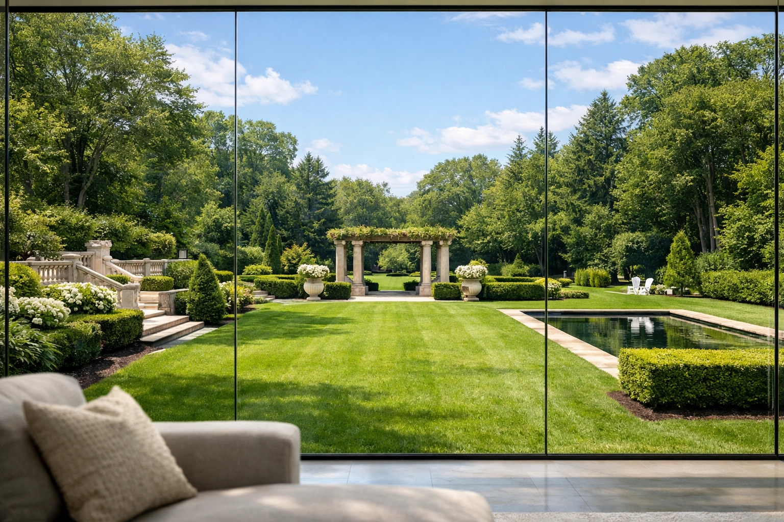 Crystal clear floor-to-ceiling windows in a Wellesley luxury home after professional cleaning.