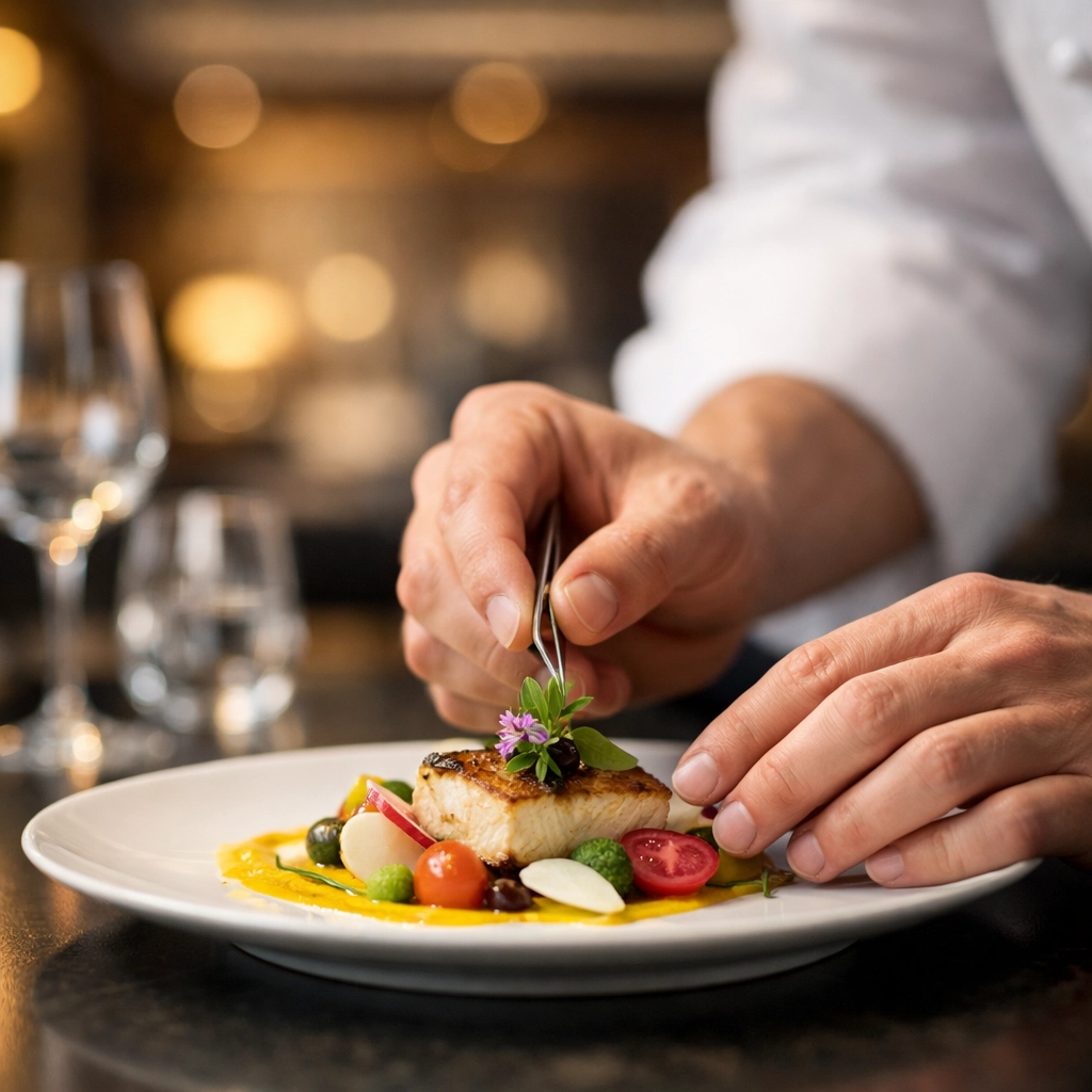 A chef preparing gourmet fine dining for a Super Bowl corporate hospitality event.