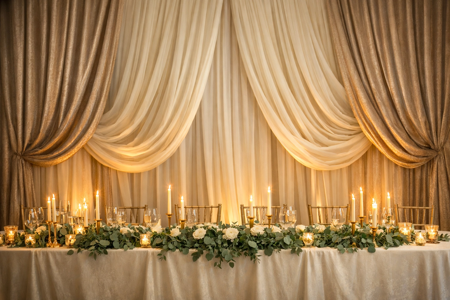 Elegant wedding head table with ivory and champagne pipe and drape rental backdrop and warm uplighting.