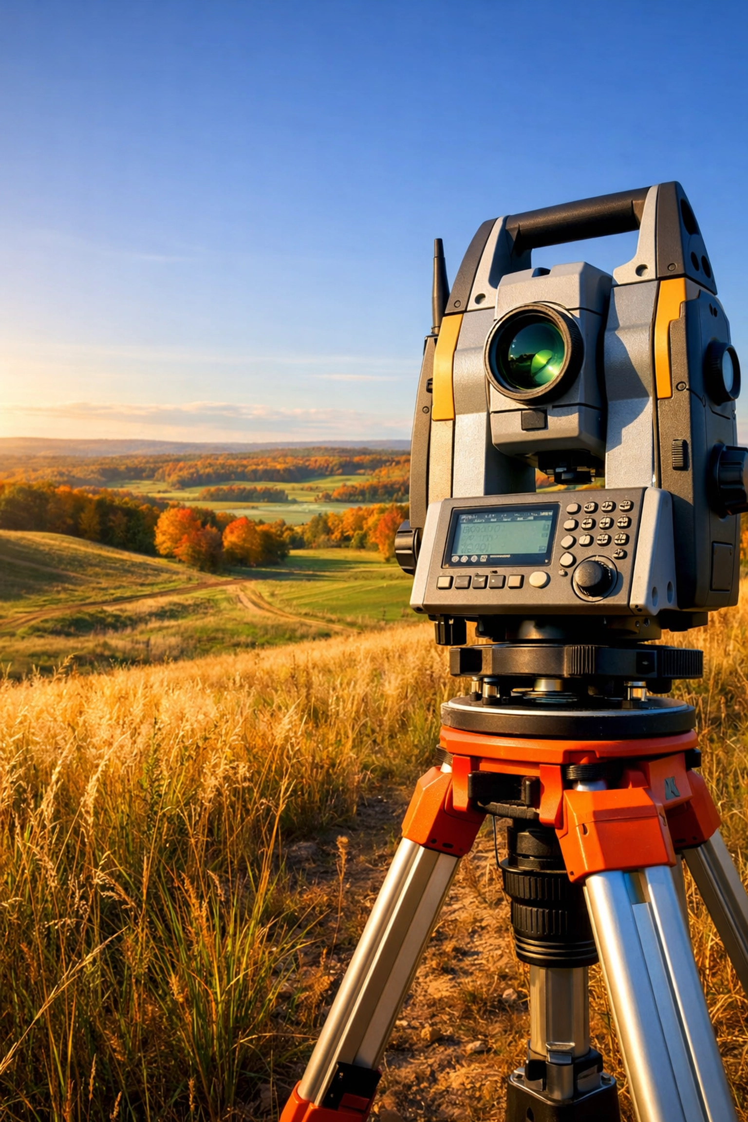 Surveying equipment on a Michigan landscape preparing for professional land division and site prep.
