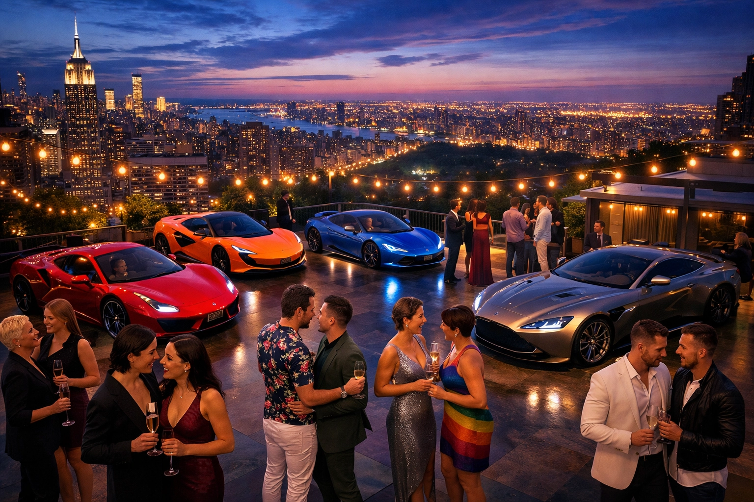 LGBTQ+ luxury car club rooftop gathering with exotic cars in Manhattan