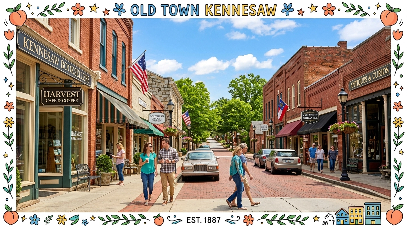 A historic street in Old Town Kennesaw with traditional brick shops and hand-drawn frame accents