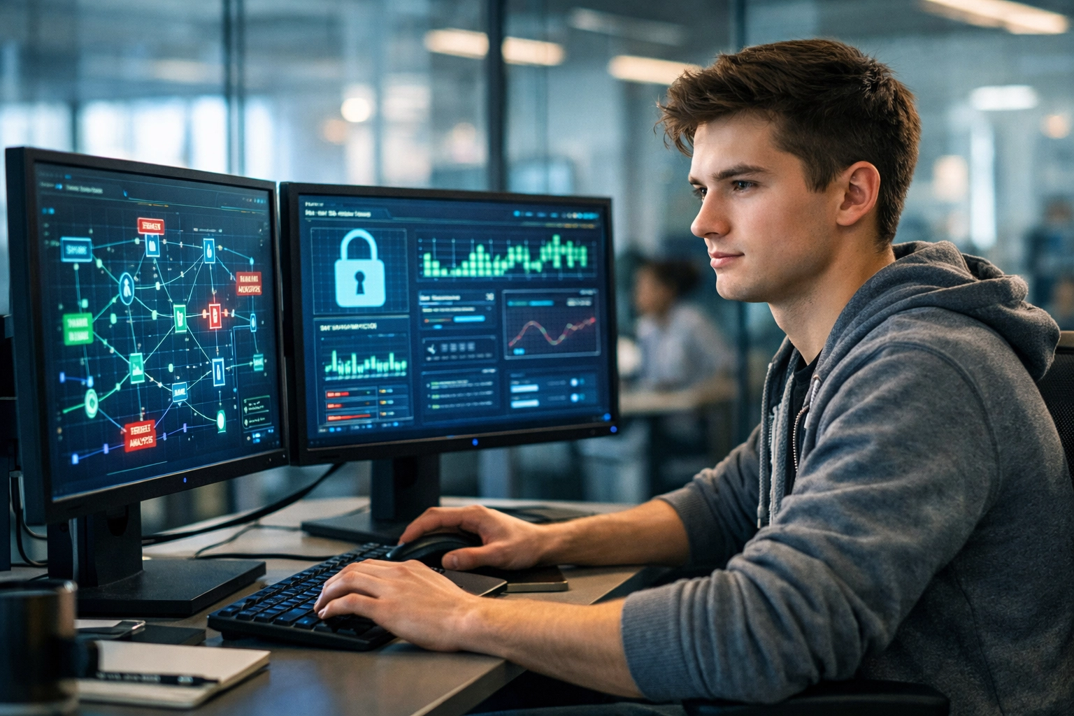 Cybersecurity analyst working with security dashboards in high-paying tech career