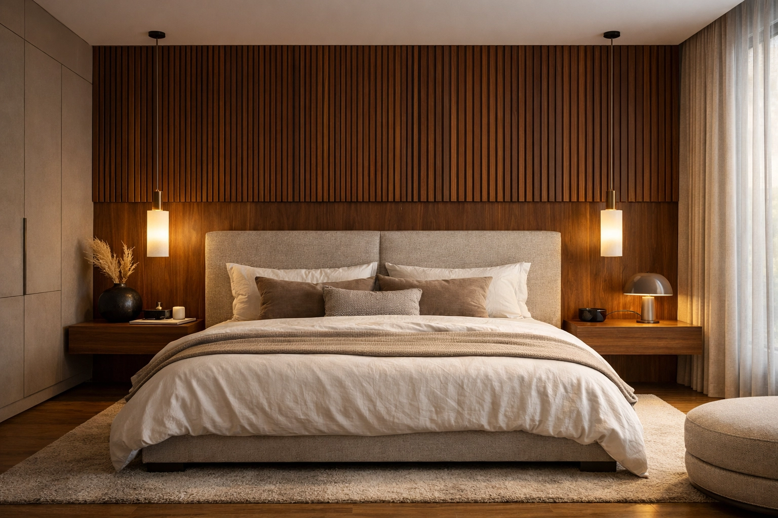 High-end photorealistic bedroom render with warm ambient lighting, walnut slats, and premium textiles created in an 8K architectural visualisation style.