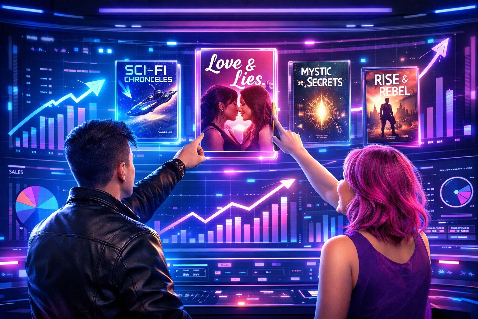 Authors tracking book sales analytics and launch data for LGBTQ+ romance novels on dashboard