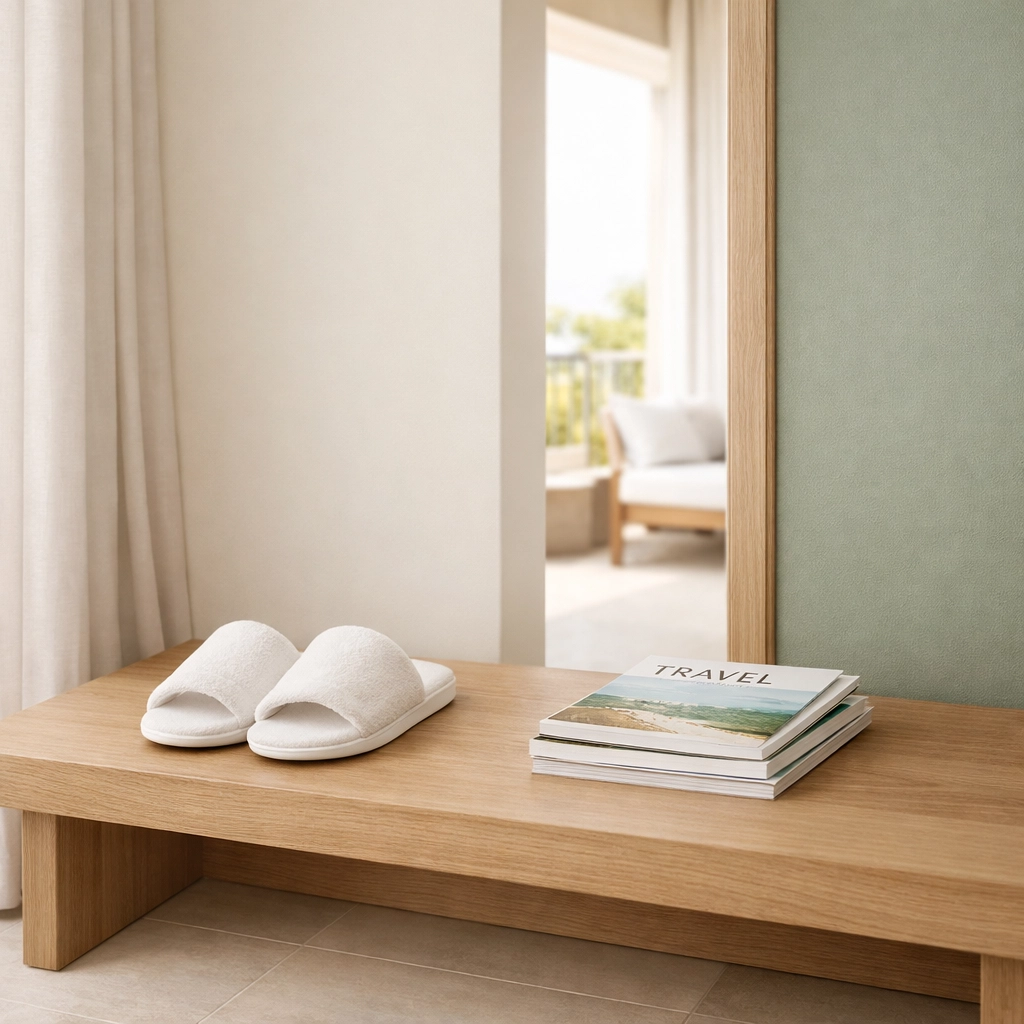 Slippers and magazines in a quiet hotel suite entryway illustrating pre-arrival personalization.
