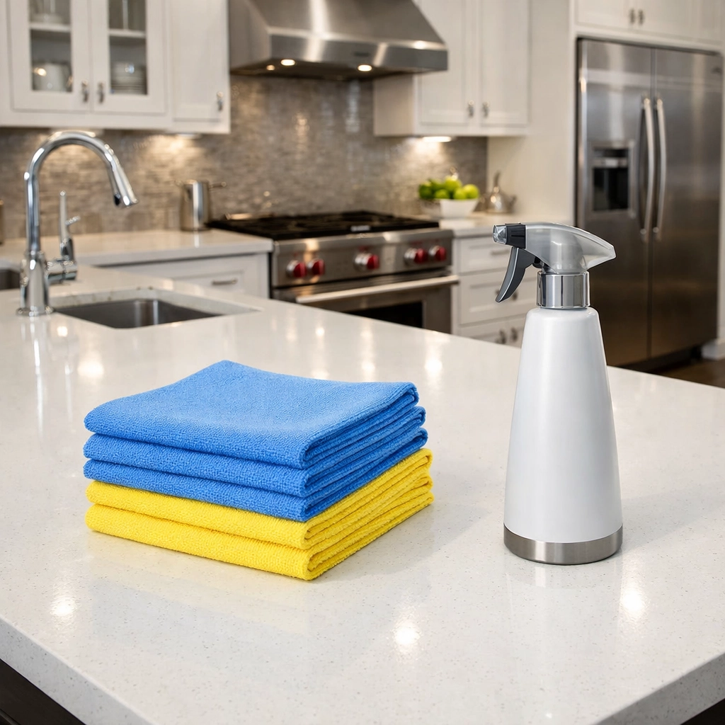 Spotless kitchen island with professional microfiber supplies for house cleaning in Westborough.