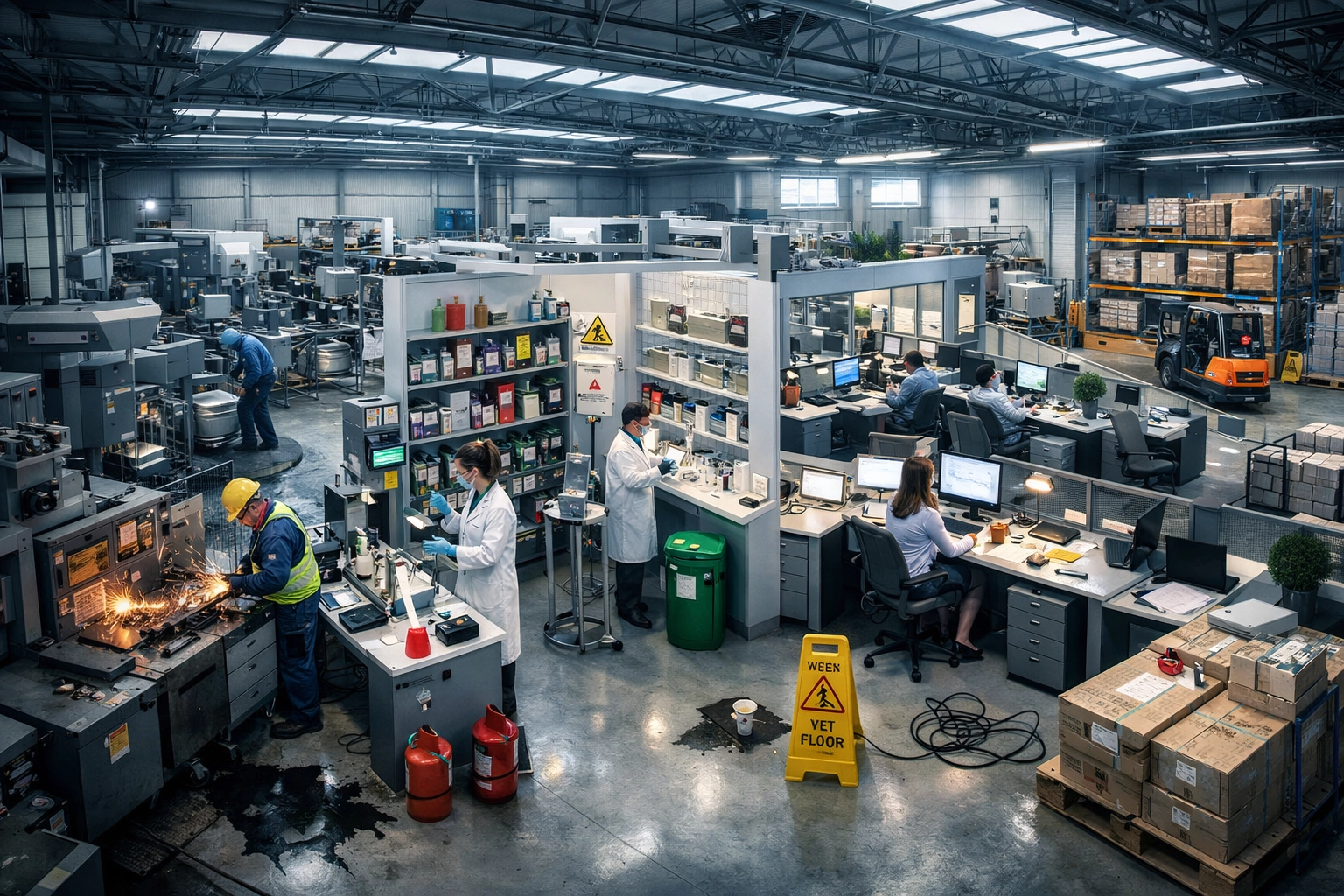 Modern workplace showing various industrial and office environments requiring emergency training