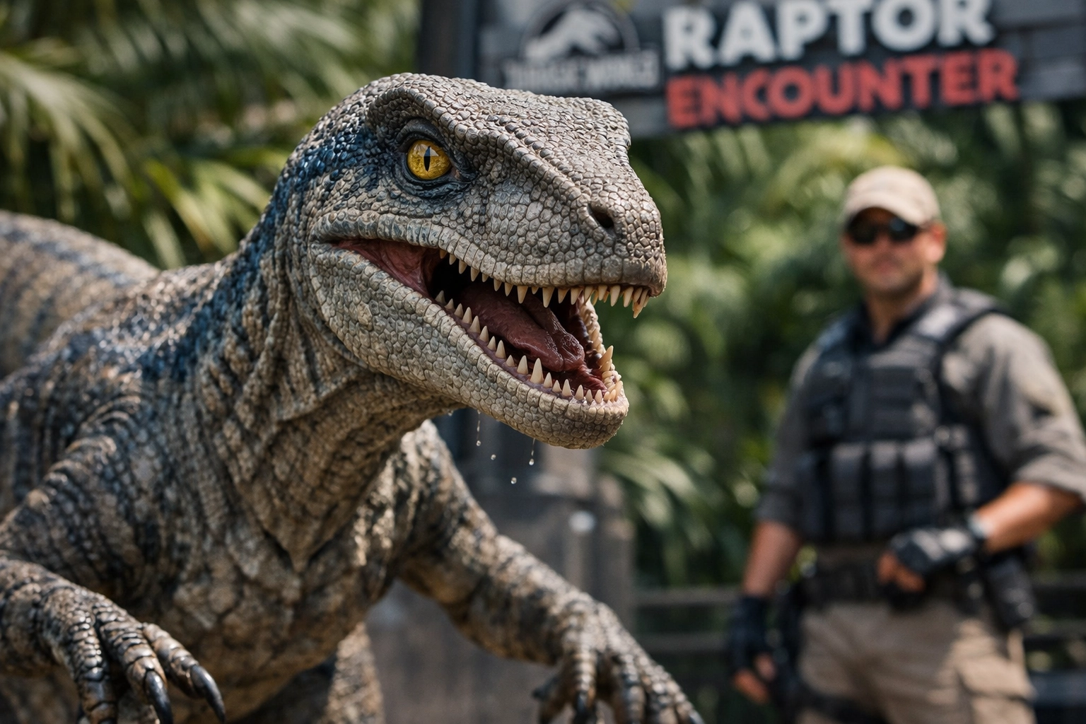 Detailed action shot of a Velociraptor at Jurassic World, among the best photography locations for fans.