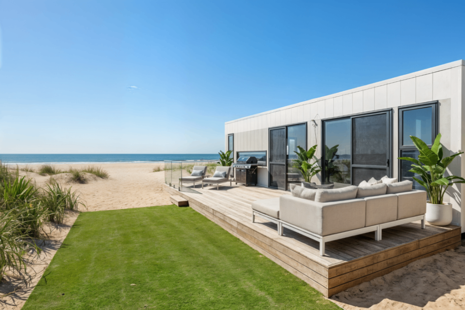 Beachfront modular home with deck and double-glazed windows