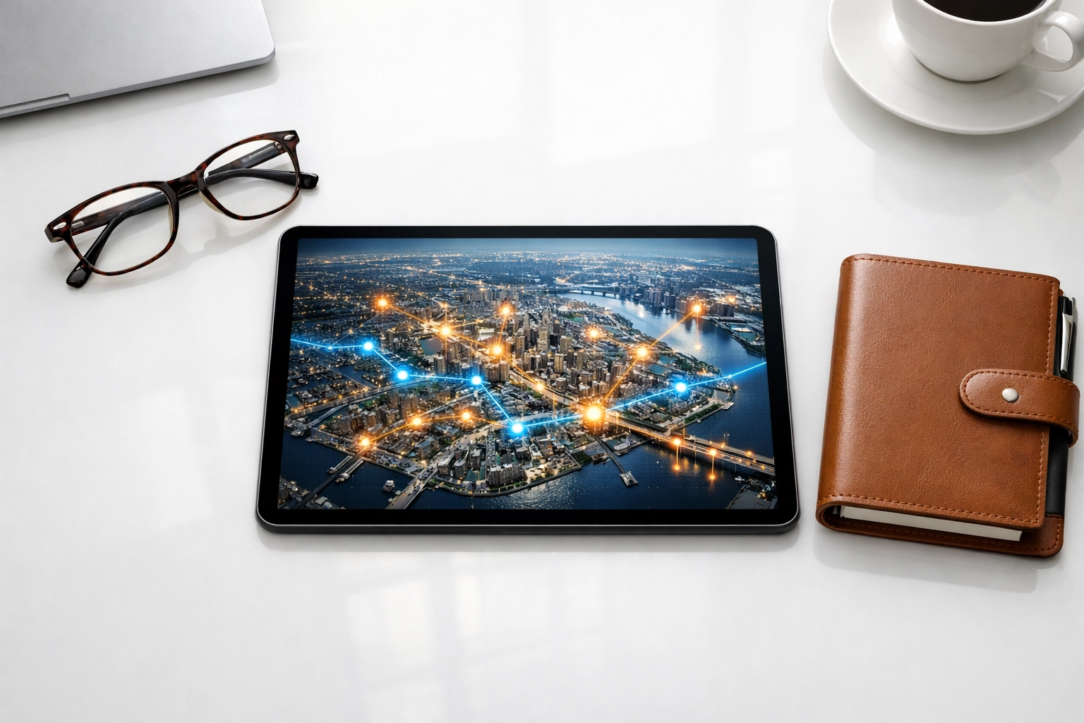 PRESS RELEASE: The Ultimate Guide to Super Bowl Transportation Logistics: Everything You Need to Succeed Executive desk with a tablet showing a real-time GPS tracking map for Super Bowl transportation logistics.