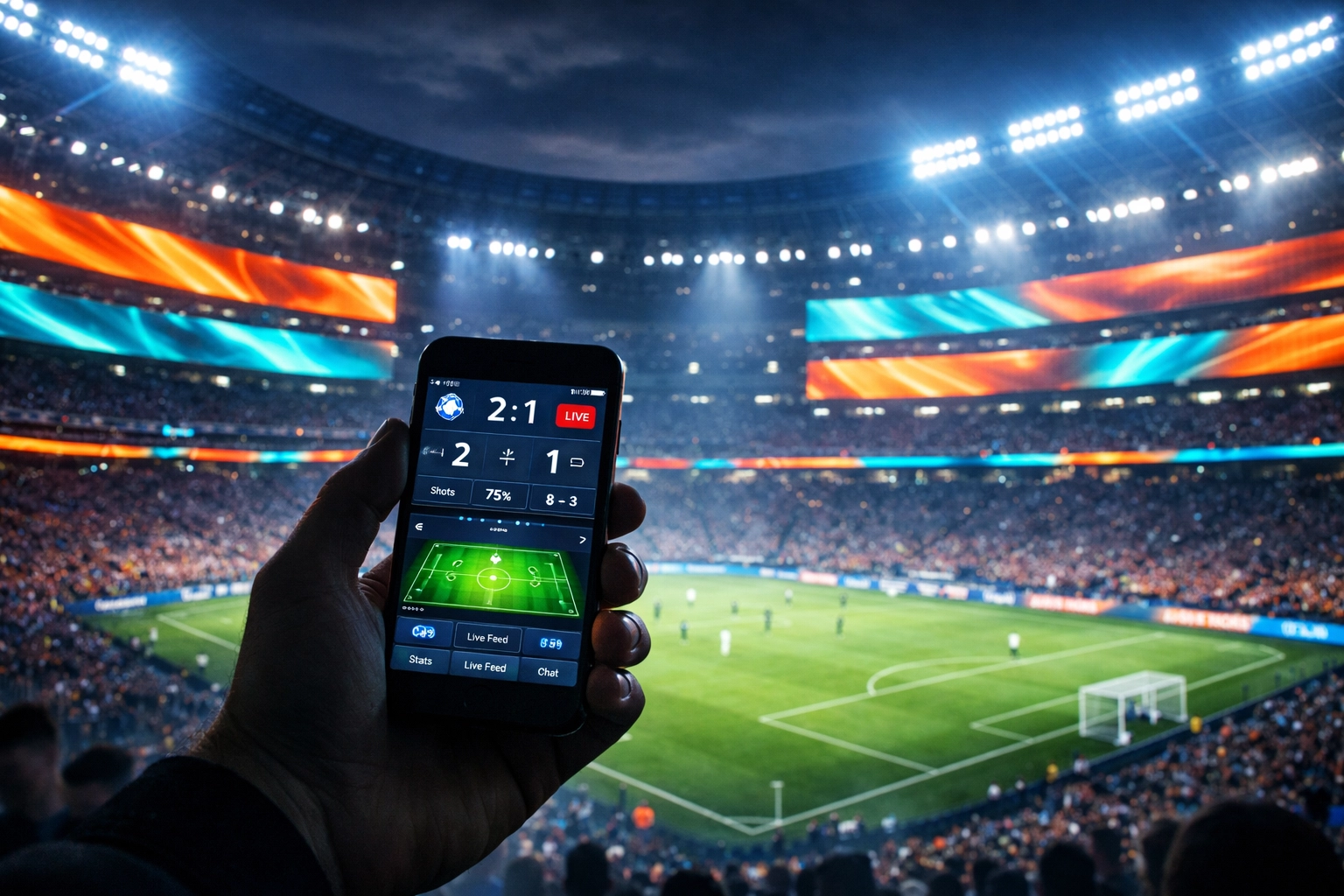 Fan using a smartphone at a stadium during Super Bowl weekend showing Sporttron digital network engagement.
