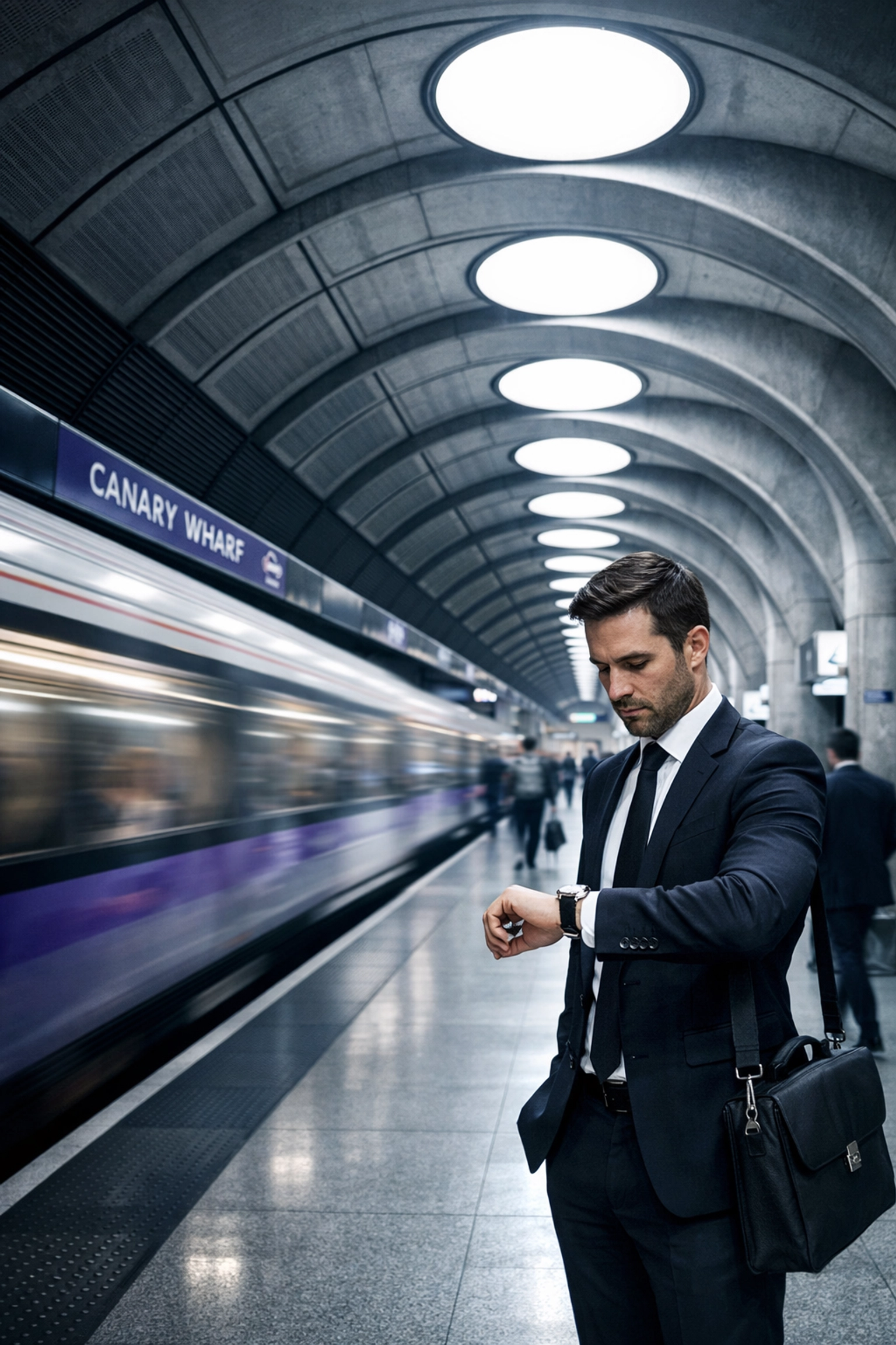 A business traveler manages their schedule at a modern Elizabeth Line station in London's financial district.