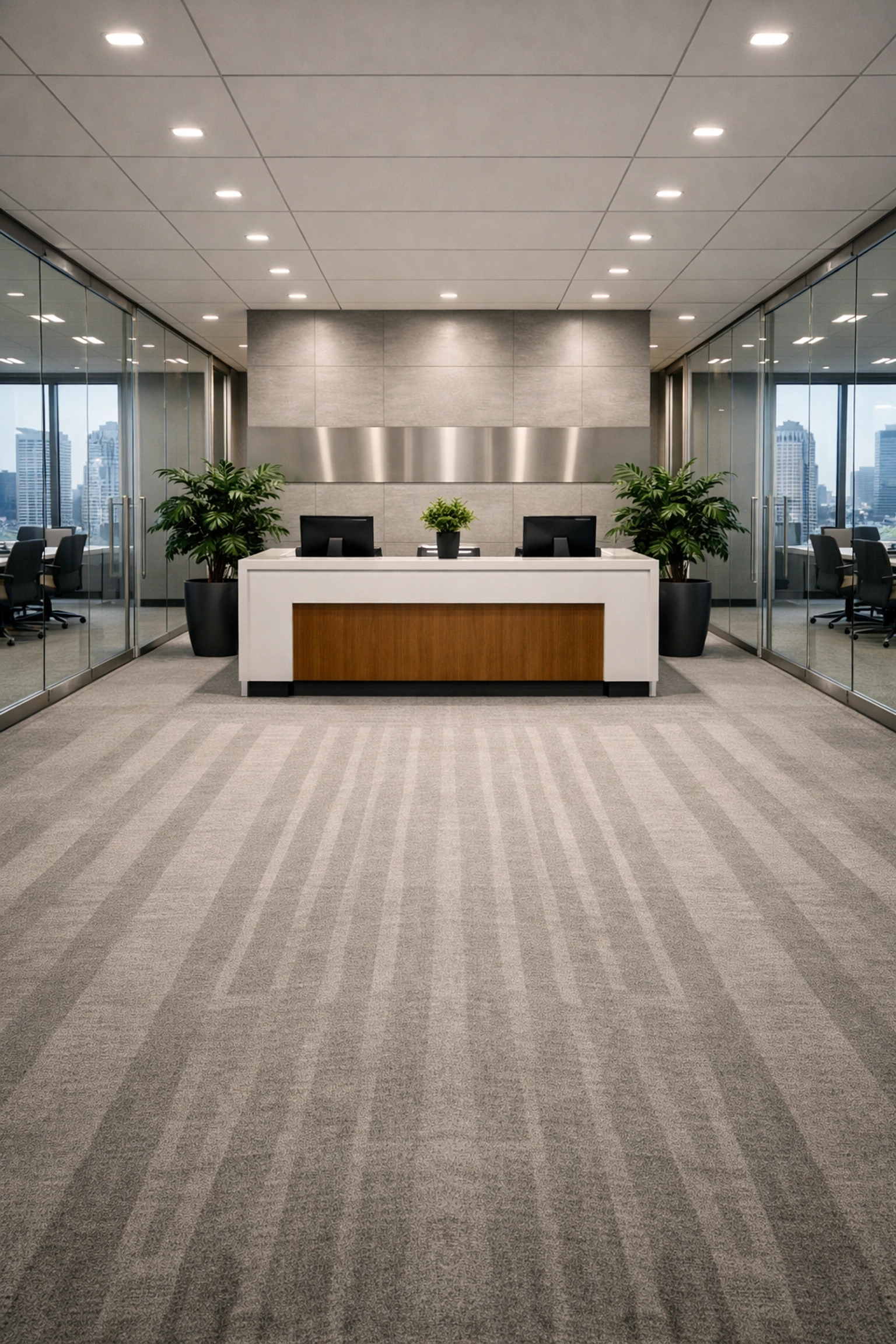 A pristine corporate office lobby in downtown Detroit featuring clean glass partitions and vacuumed carpets.