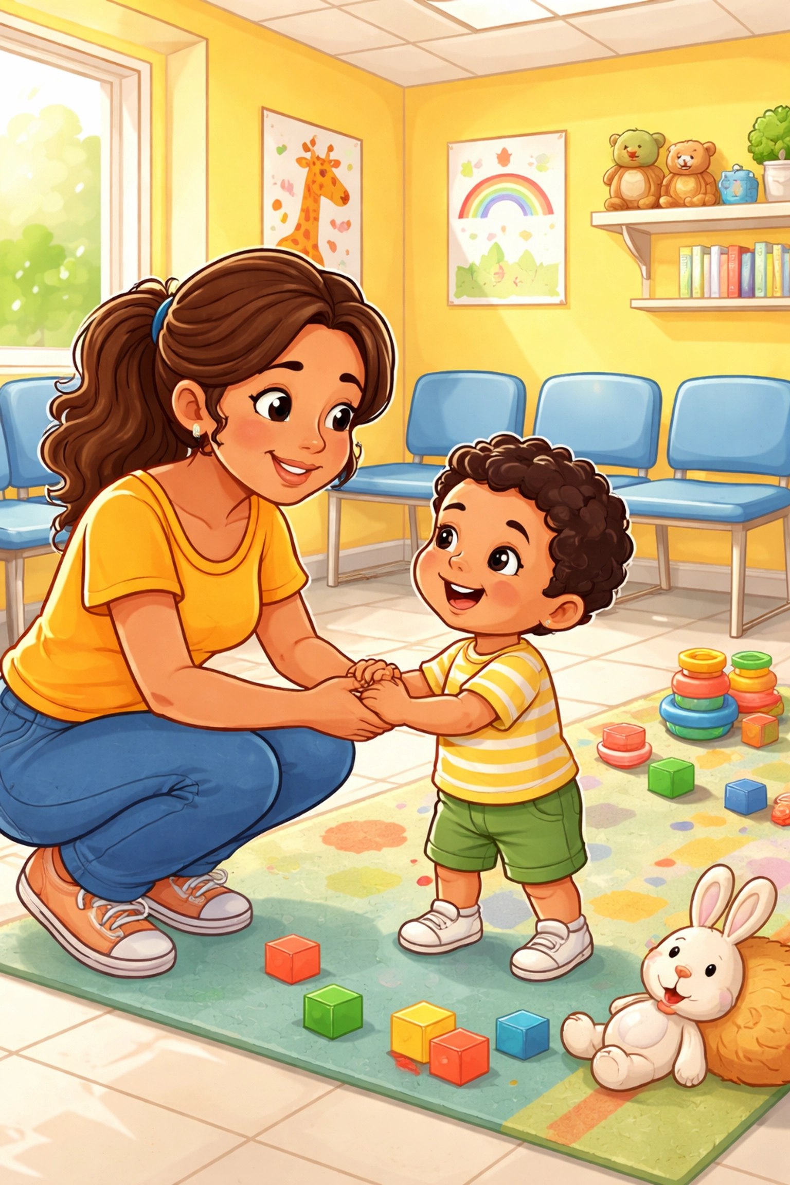 Madre latina sostiene la mano de su hijo pequeño en la sala de espera de un pediatra fomentando la intervención temprana en autismo.