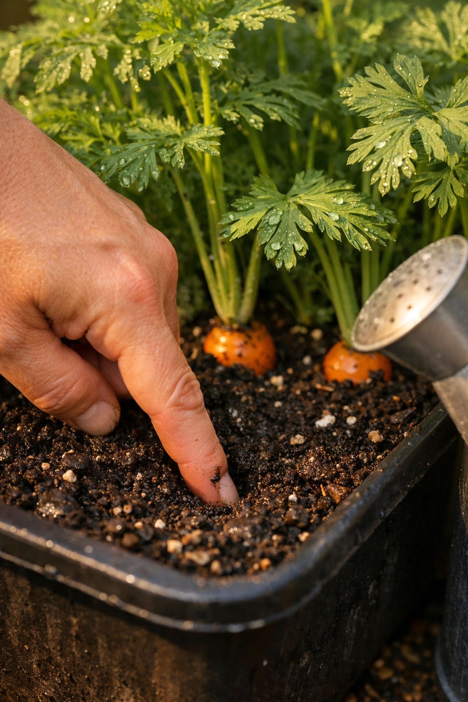 Checking soil moisture in container carrot garden by finger test