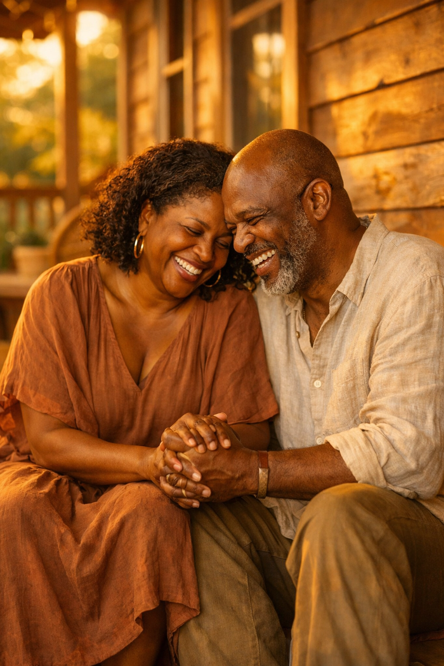 Mature Black couple laughing together on porch, holding hands in authentic connection