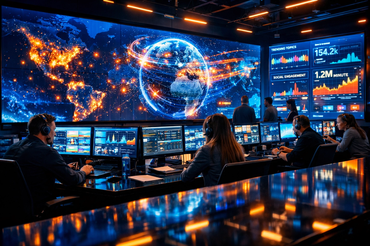 Digital marketing command center tracking real-time athlete NIL engagement data during a major sports event.