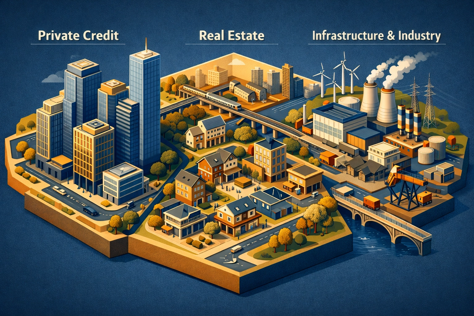 Alternative investment sectors including private credit, real estate, and infrastructure assets