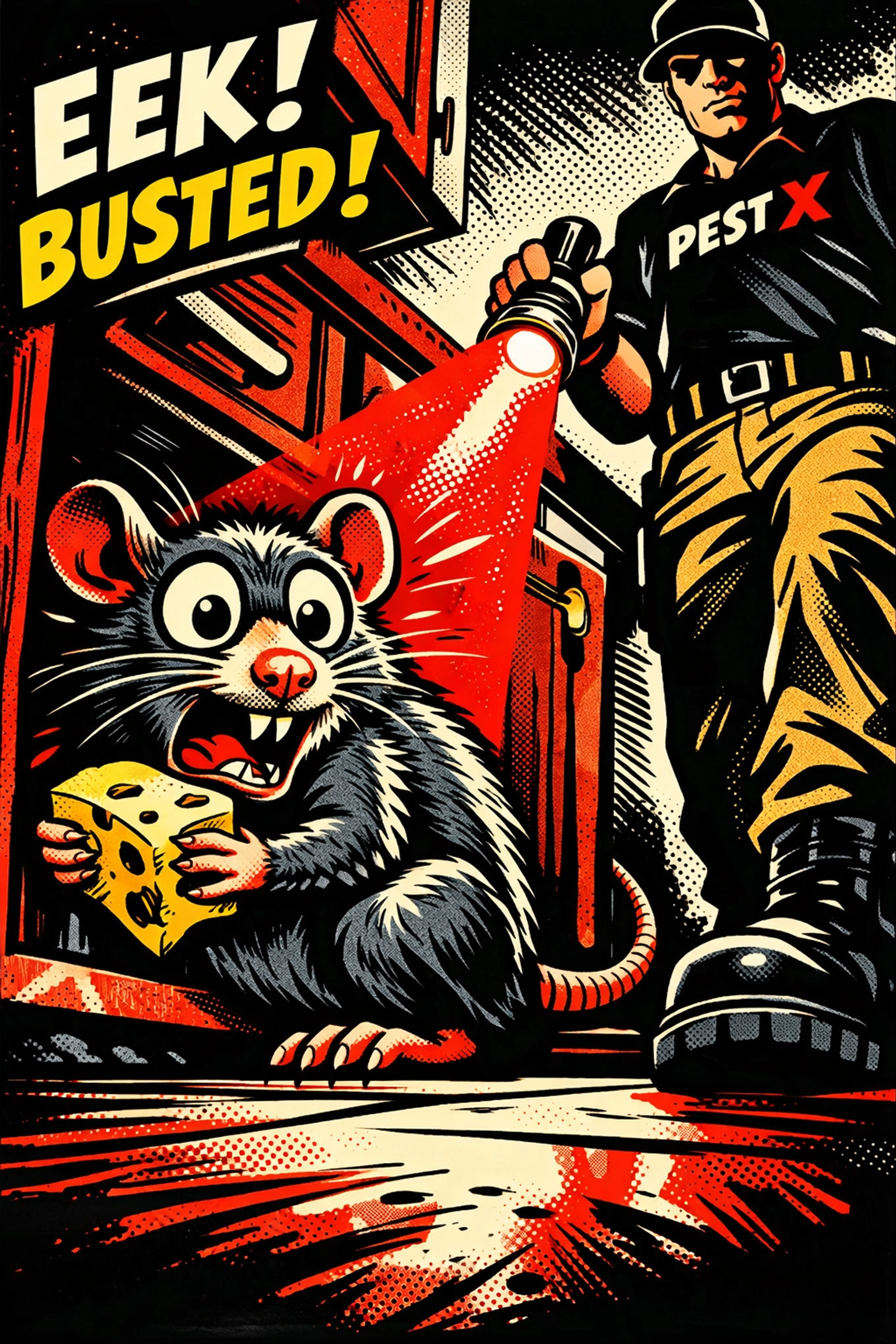 Professional rodent control in Jasper AL catching a rat inside a kitchen using a flashlight.