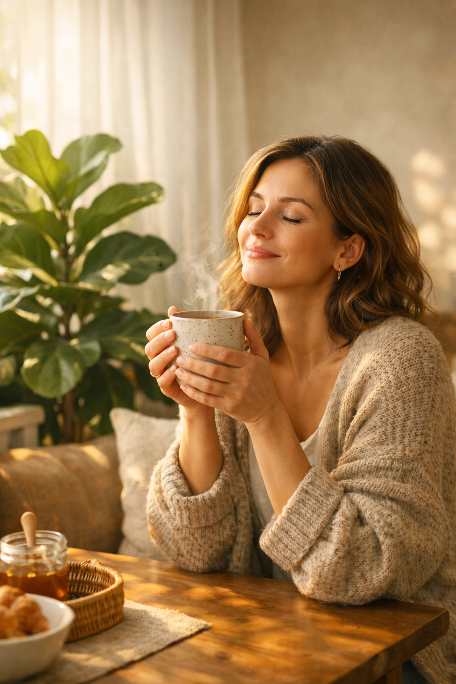 Peaceful woman enjoying a quiet moment with a mug, practicing essential self-care for women to recharge.