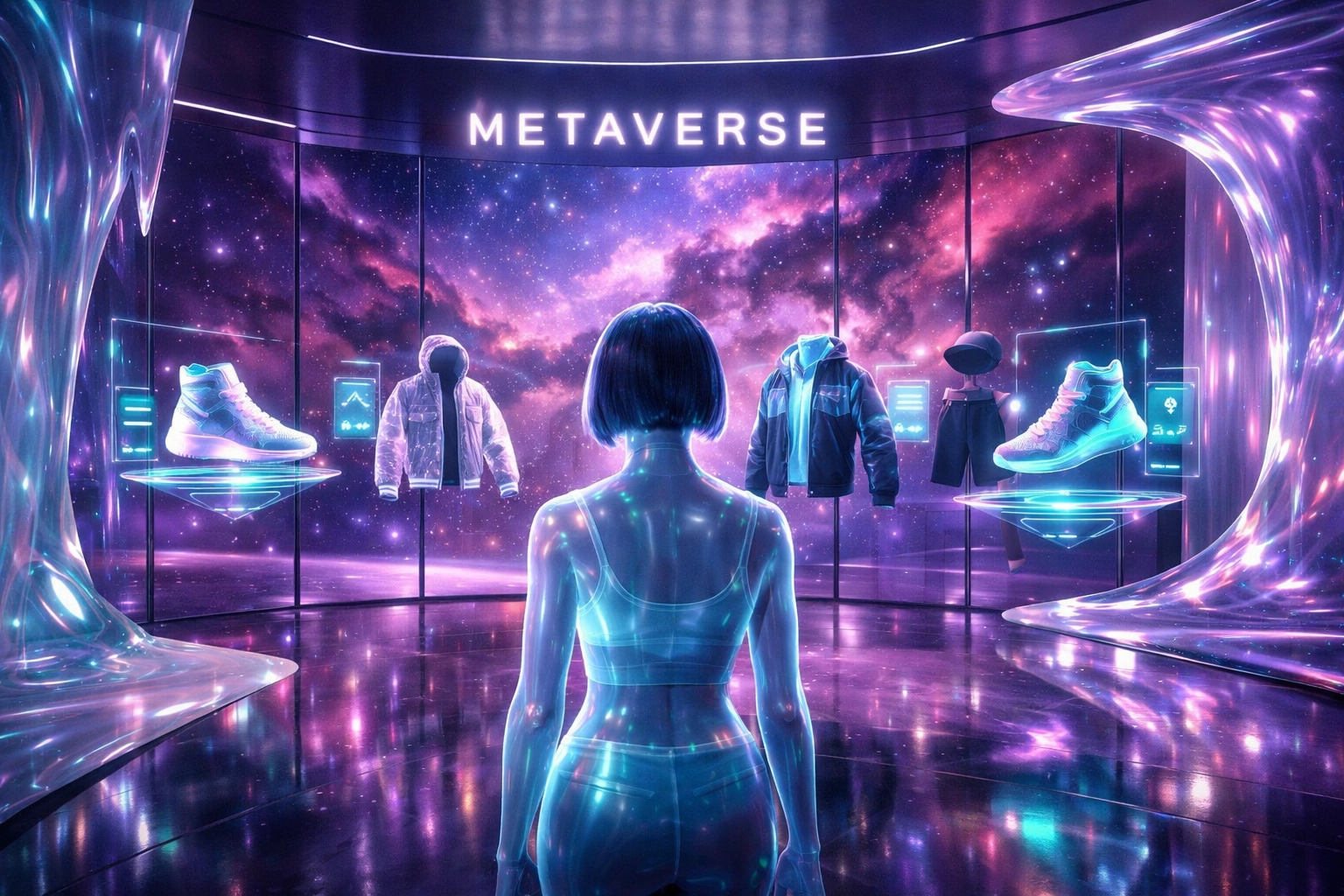 Avatar browsing digital apparel in a futuristic metaverse retail boutique powered by Larecoin.