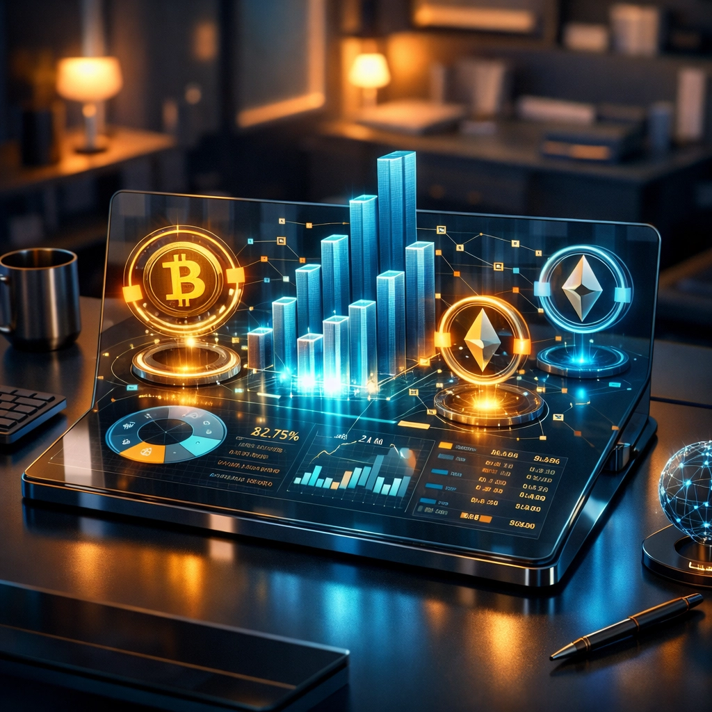 Digital financial dashboard with holographic data charts used for building profitable AI-generated templates.