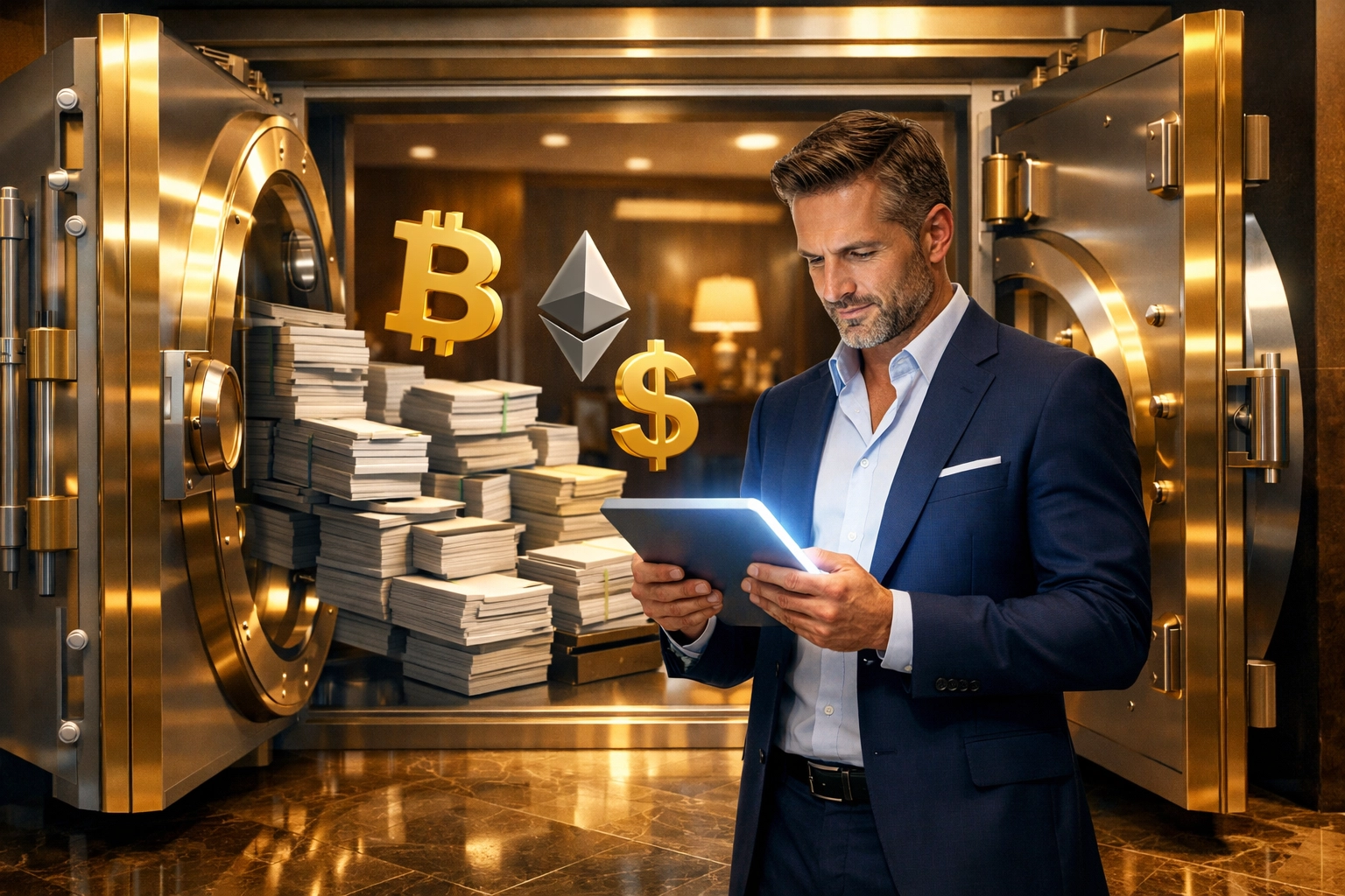 Investor reviews financial documents and digital assets in a private credit and banking office setting