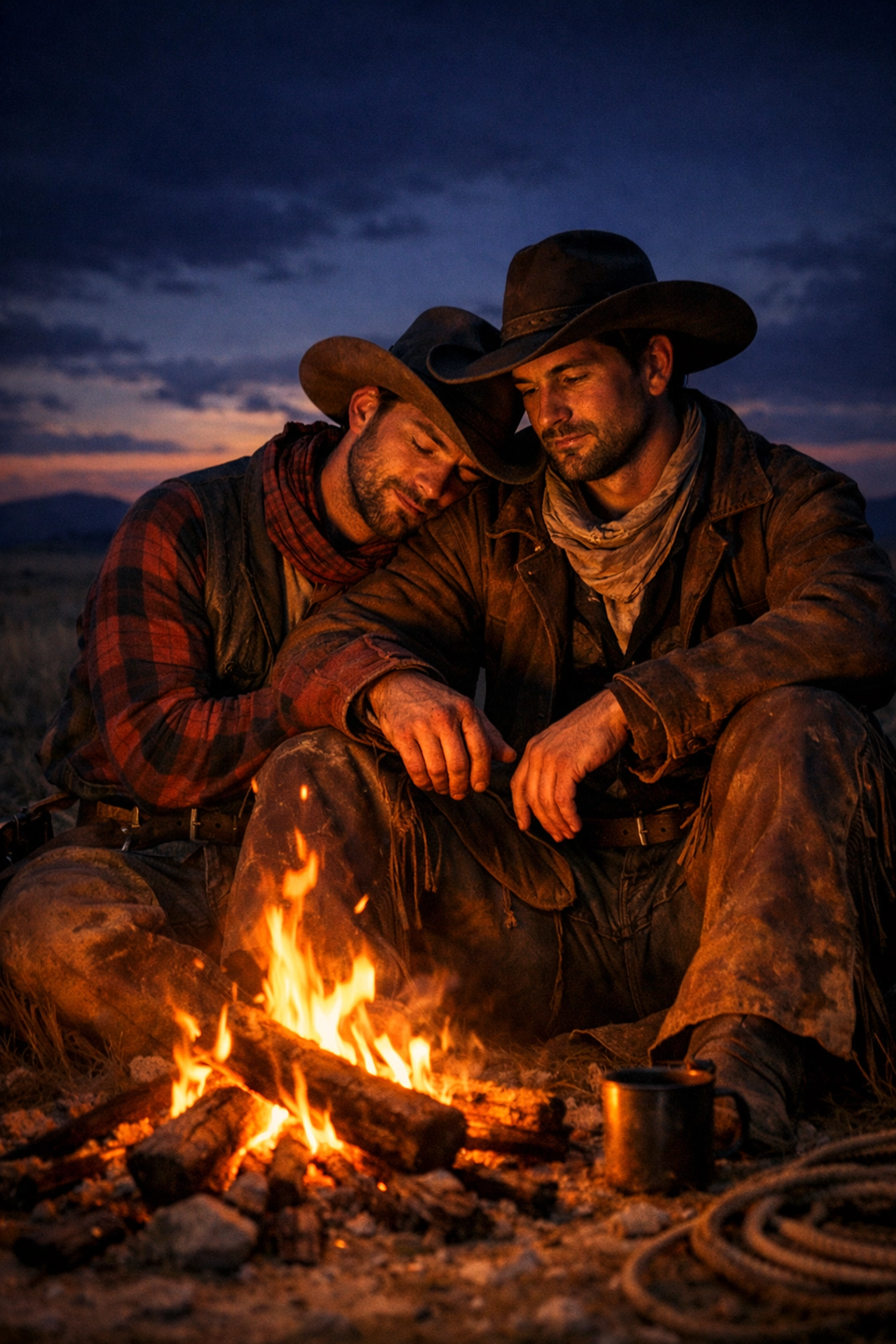 Two historical gay cowboys sitting together by a prairie campfire in a moment of quiet intimacy.