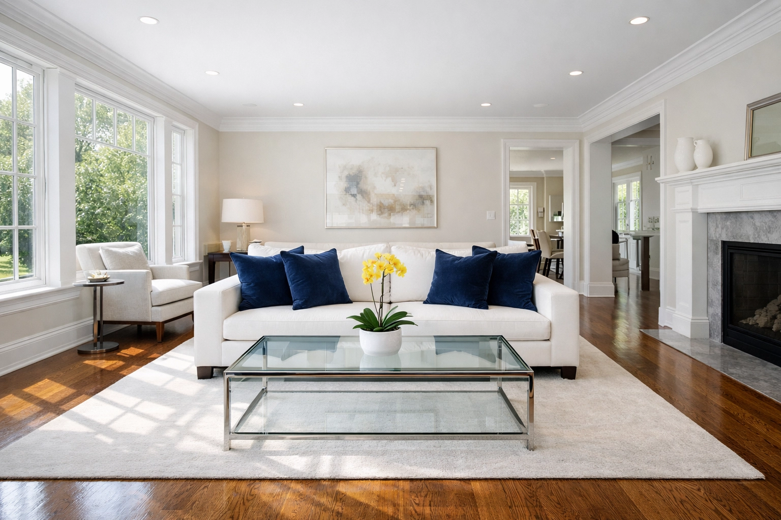 Organized luxury living room in Wellesley, MA, illustrating stress relief through weekly house cleaning.