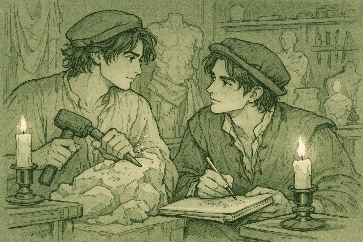 Candlelit Renaissance sculpture studio with two men - forbidden MM romance and artistic passion