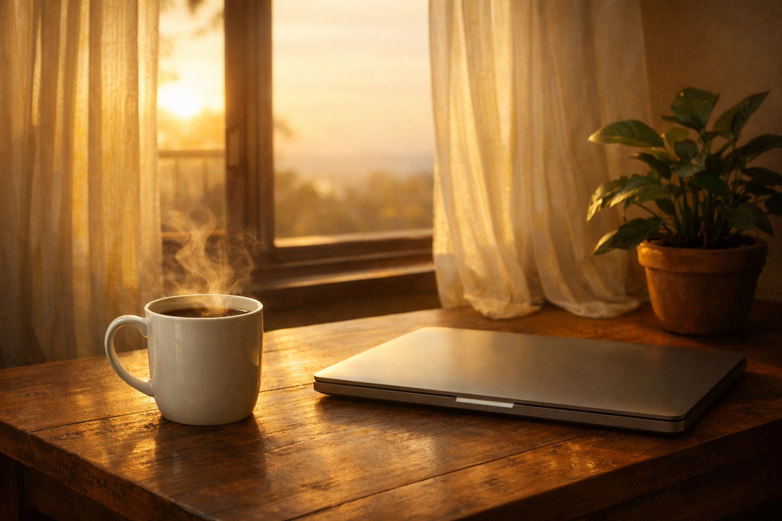 Peaceful morning coffee scene with sunrise light symbolizing gratitude and rest