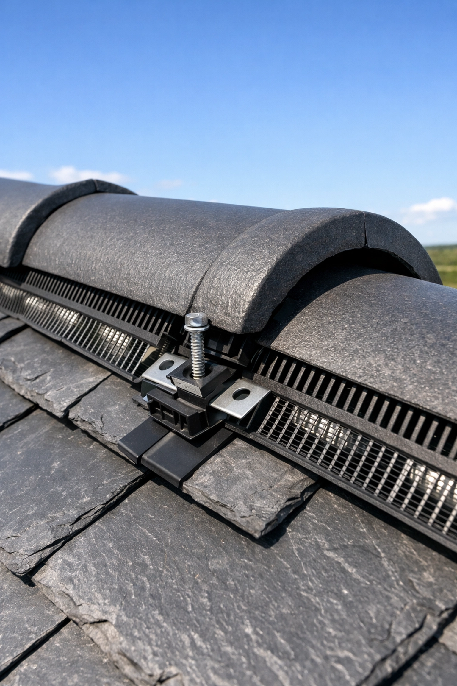 Dry ridge ventilation system installed on slate roof showing mechanical fixings and air channels