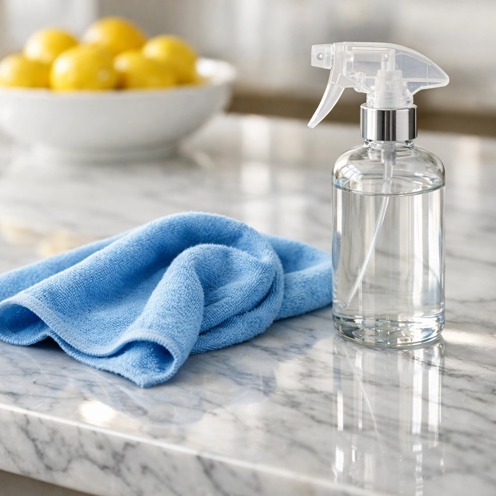 Professional residential cleaning Massachusetts using specialized tools on a luxury marble kitchen island.