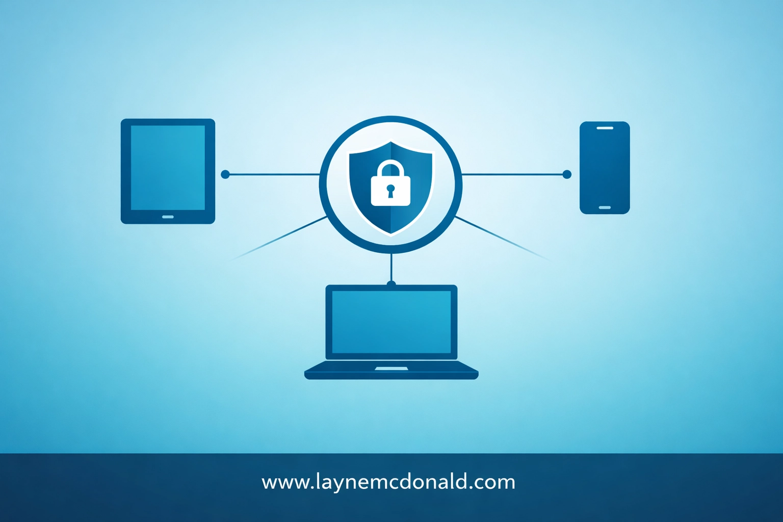 A central hub icon connecting a laptop, tablet, and phone for digital monitoring software management.