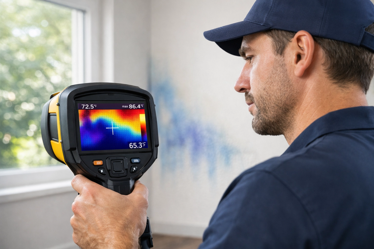 Professional using thermal camera to detect hidden moisture in walls during water damage inspection