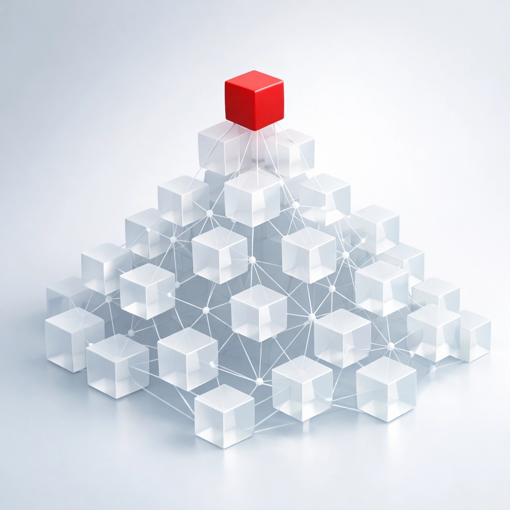 Red cube atop a crystal structure representing topical authority and strong technical web development.