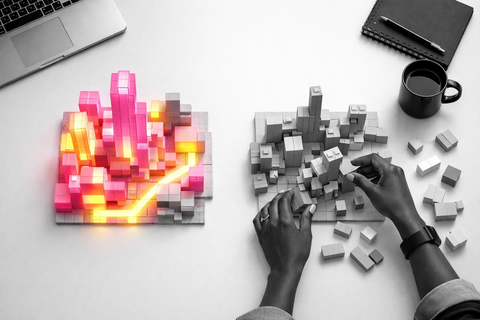 Entrepreneur building business foundation, arranging blocks representing platform ownership