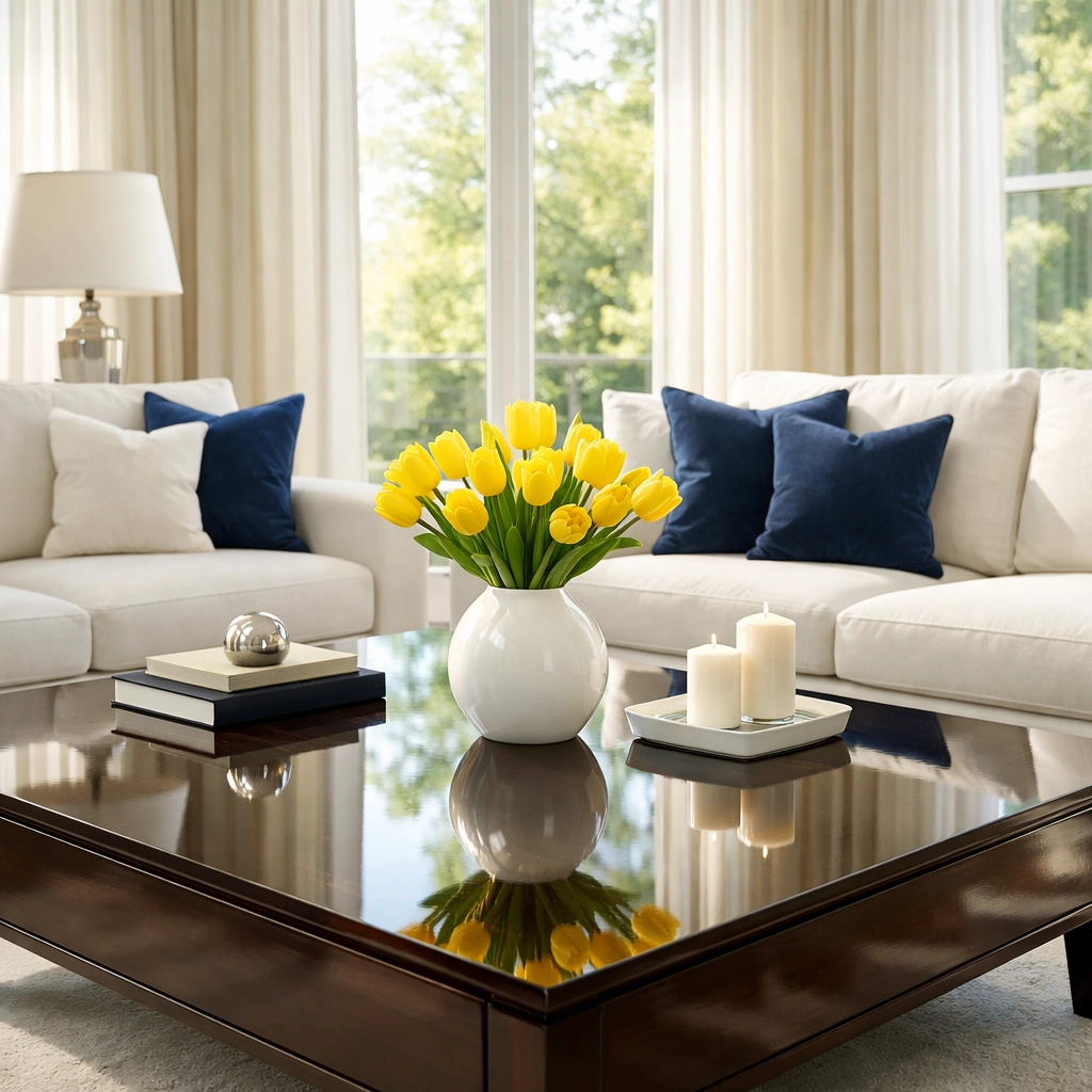 Sun-drenched luxury living room kept dust-free with consistent weekly house cleaning services.