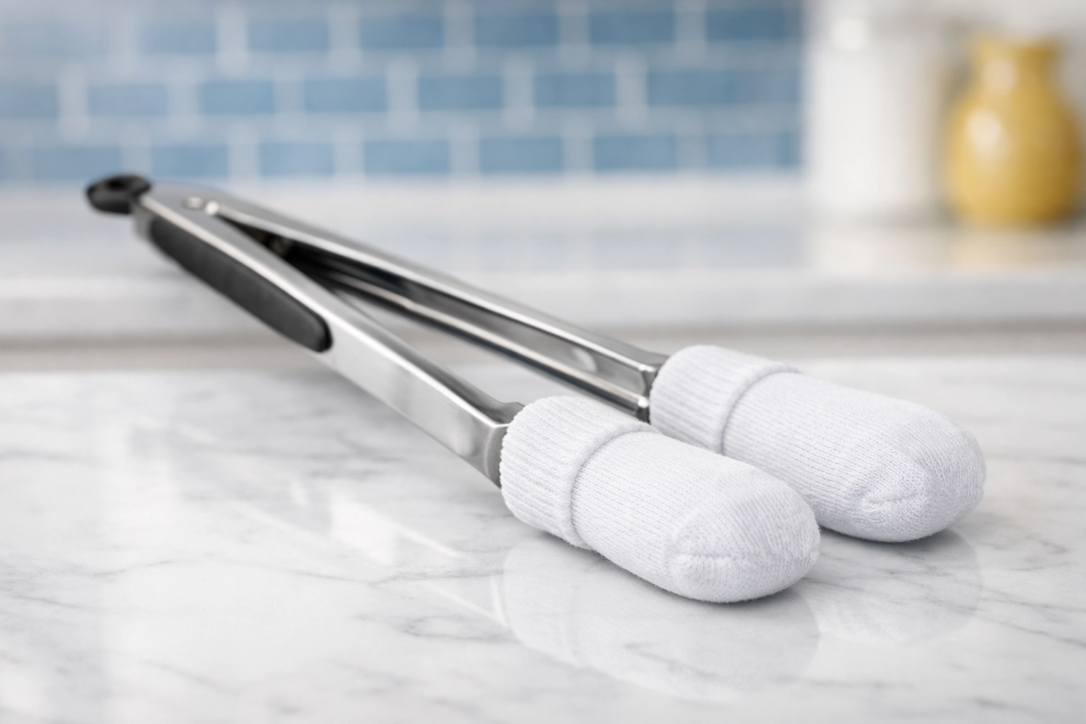A DIY blind cleaning tool made from kitchen tongs and white socks on a white marble countertop.