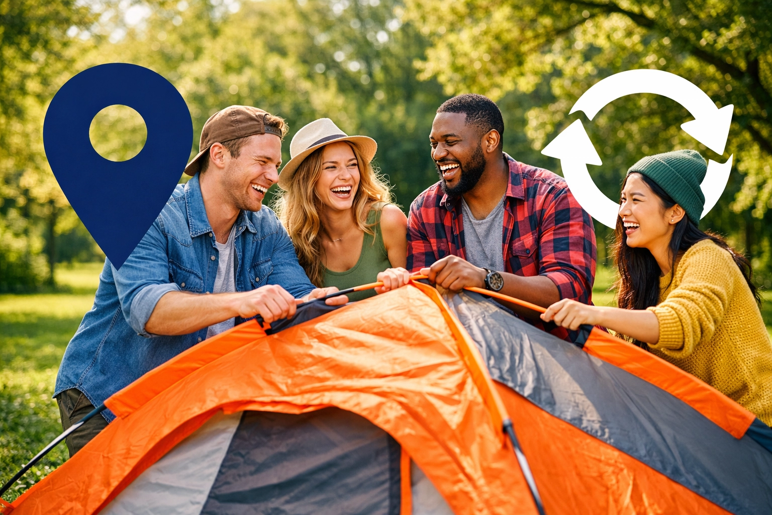 Friends enjoying a shared camping tent rental, highlighting the peer-to-peer sharing economy.