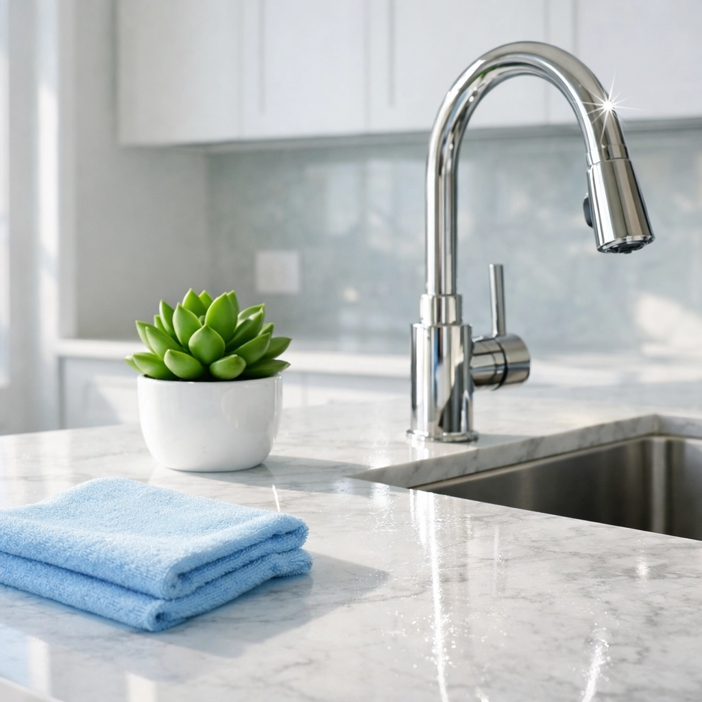 Modern kitchen with marble countertops deep cleaned using eco-friendly products for a fresh Boston move-in.