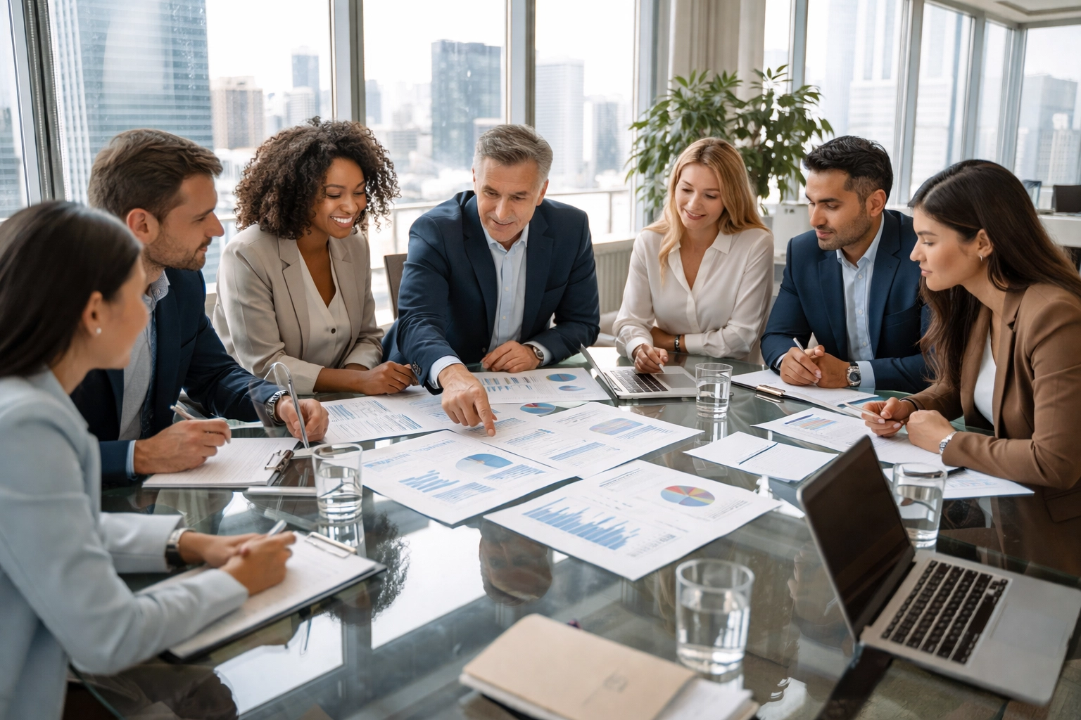Executive team collaborating in a modern office, reviewing documents for corporate reorganization and growth consulting