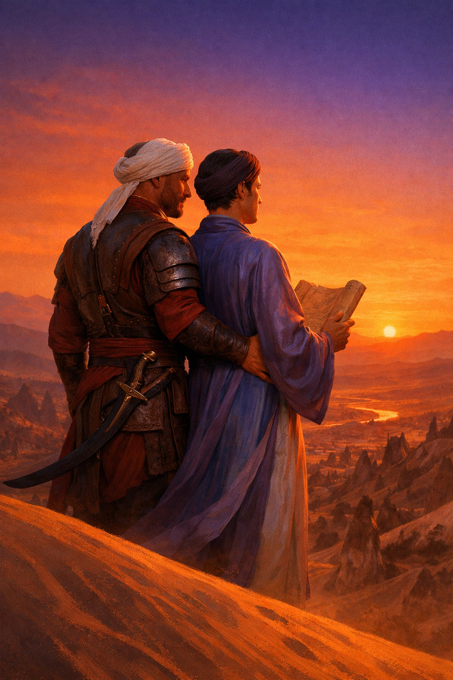 Historical MM romance scene featuring an Ottoman guard and a scholar on a desert dune at sunset.