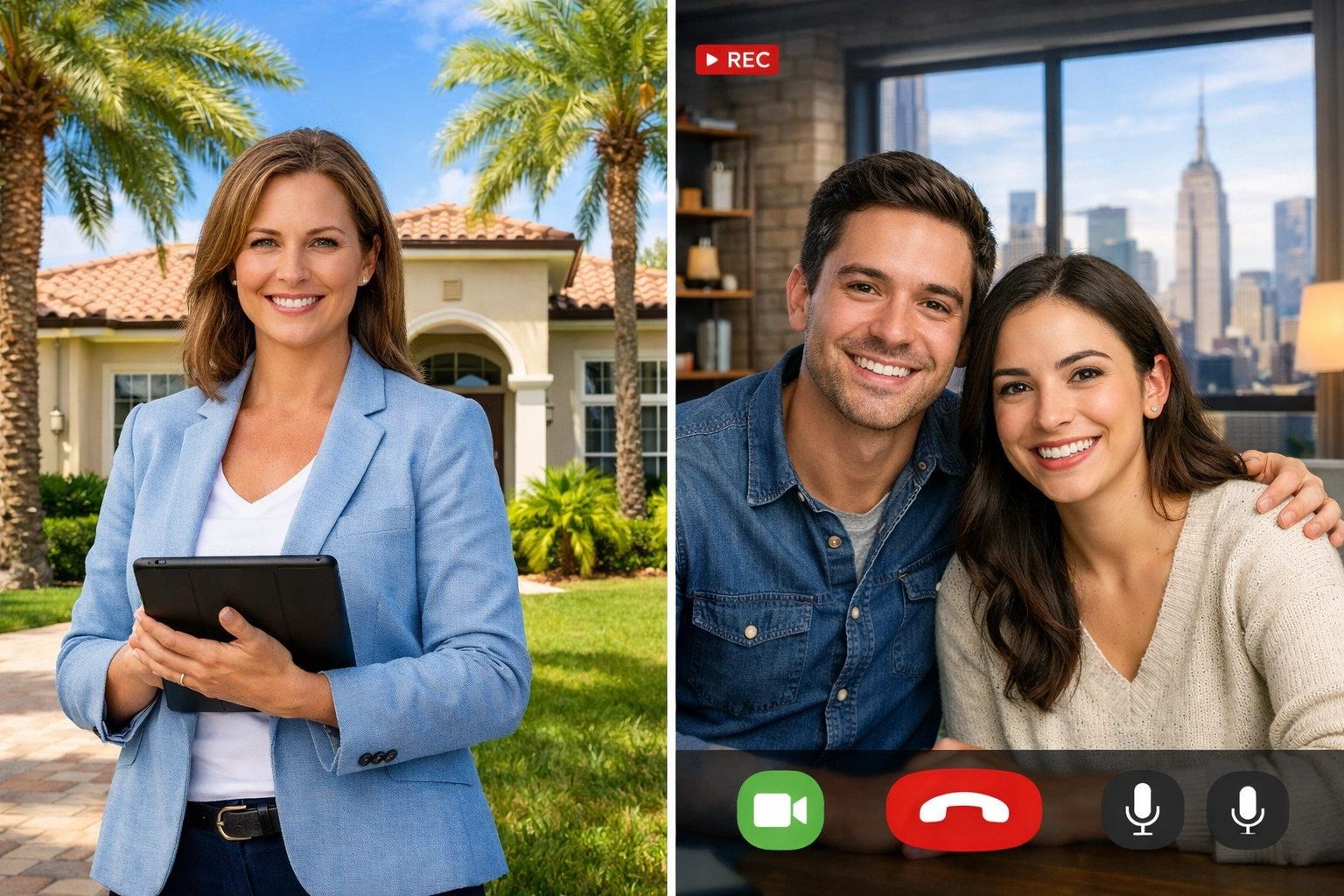 Florida realtor conducting virtual home tour with New York buyers via video call