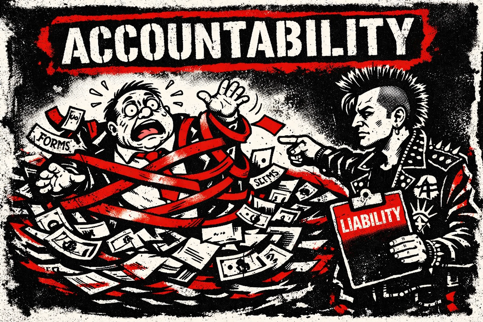 Medical liability accountability concept showing bureaucratic red tape versus individual responsibility