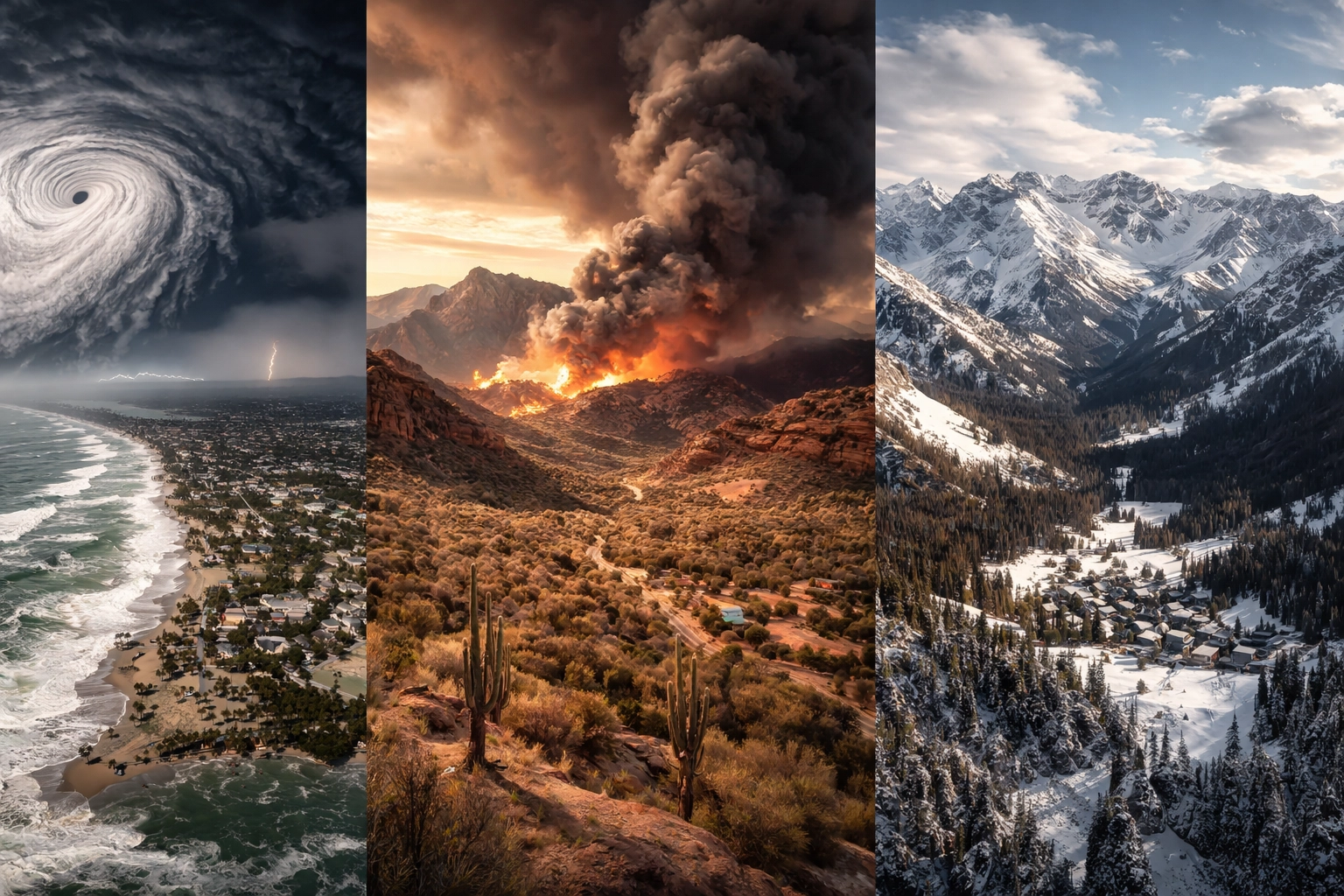 Aerial view of U.S. disaster scenarios, highlighting natural disaster risks covered by Recoop Disaster Insurance